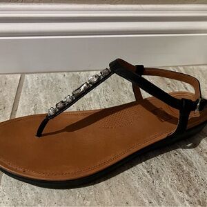 Women's Black Rhinestone T-strap Sandals